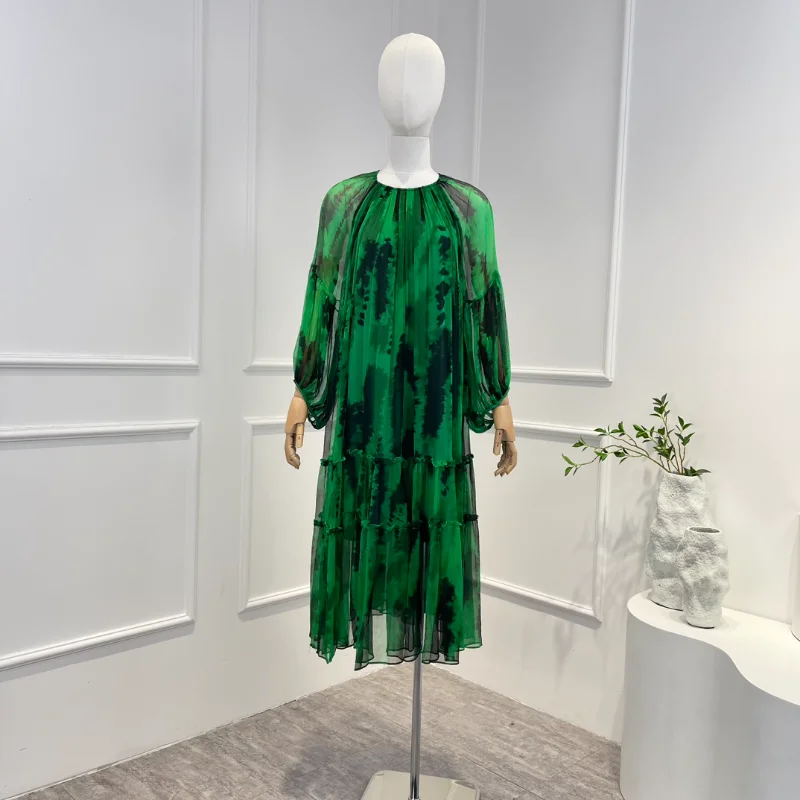 

2023 Summer Top Quality Women Fashion Casual Beach Style Green Silk O-neck Ong Sleeve Mini Crinkle Mid-calf Dresses