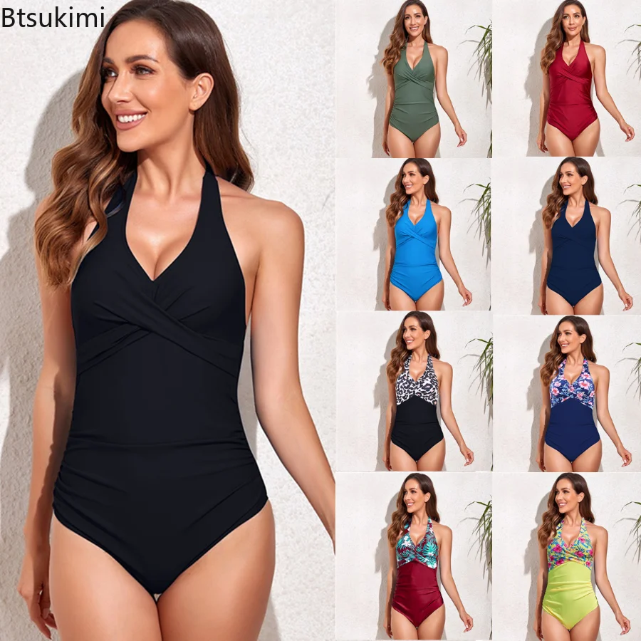 

New 2023 Summer Sexy One Piece Swimsuit Women Cross Bandage Swimwear Backless Beachwear V-neck Triangle Swimming Suit for Women