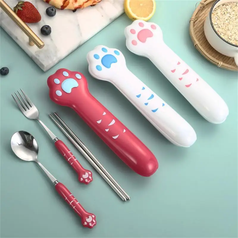 Cutlery set western style cutlery set picnic cutlery set stainless steel cutlery set Cat Paw Cutlery Set Stainless Steel Fork Spoon Chopsticks Storage Box Dinnerware Tableware Silverware Lunch Bento Accessories