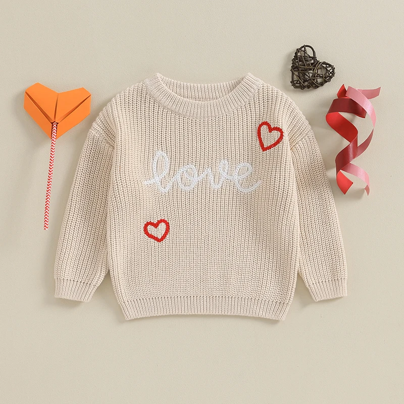 Spring Autumn Newborn Baby Boy Girls Valentine's Day Sweaters Letter Heart Embroidery O-neck Loose Knitted Pullover Tops Clothes