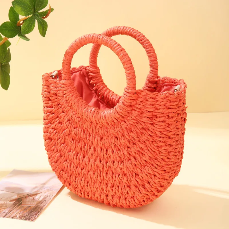 Hand gewebte Stroh Rattan Halbmond Strand Handtasche große Kapazität Frauen Sommer hohl aus Crossbody-Umhängetasche – Detail 9