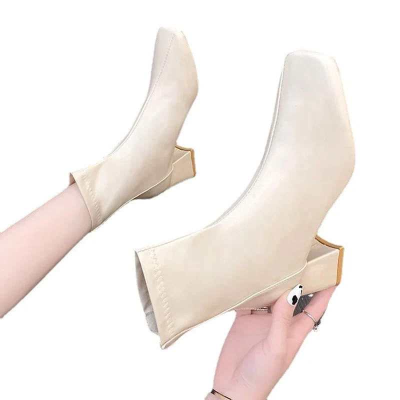 2022 Women's Boots New Winter Square Toe Solid Pu Leather Fashion Ankle Booties Ladies Block Heels Outdoor Party Women High Boot