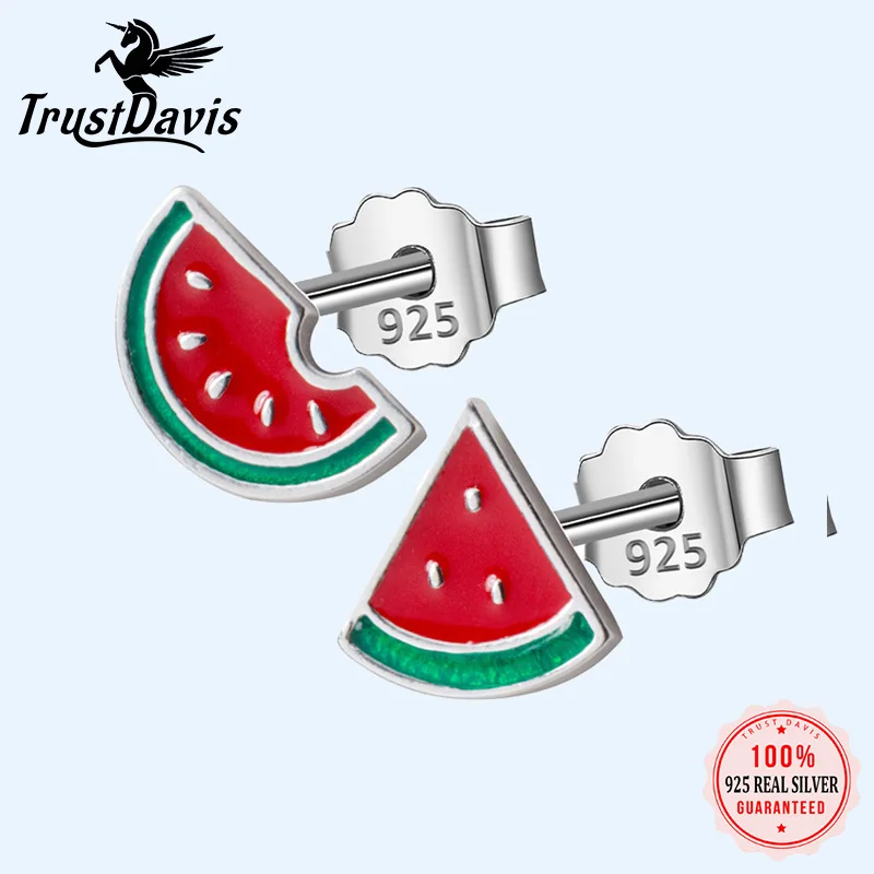 

TrustDavis 100% ювелирные изделия из настоящего серебра 925 пробы модные Асимметричные летние серьги-гвоздики в виде арбуза для дочери девочек DS572