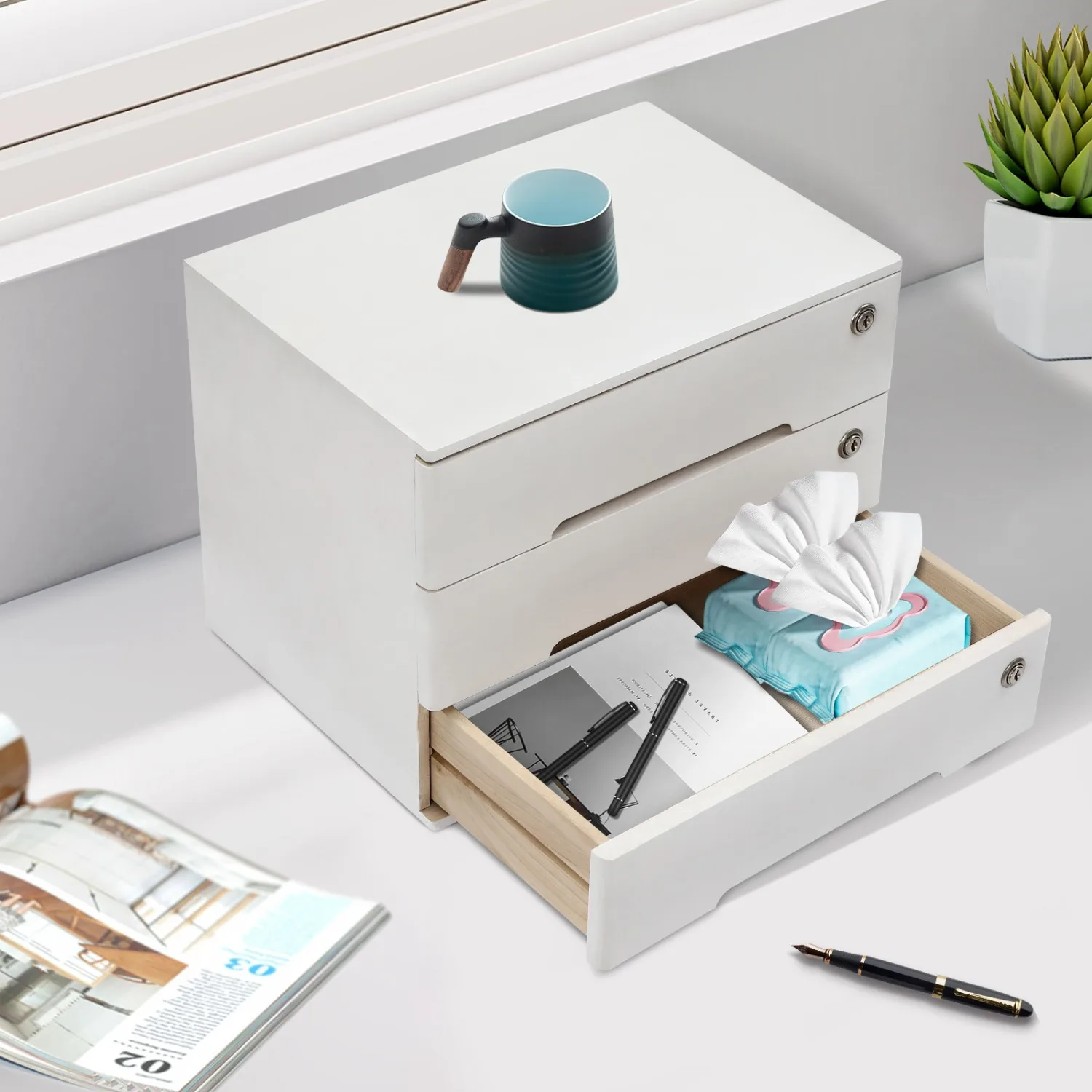 Wooden Desktop Storage Cabinet with 3 Lockable Drawers, Office Desk ...