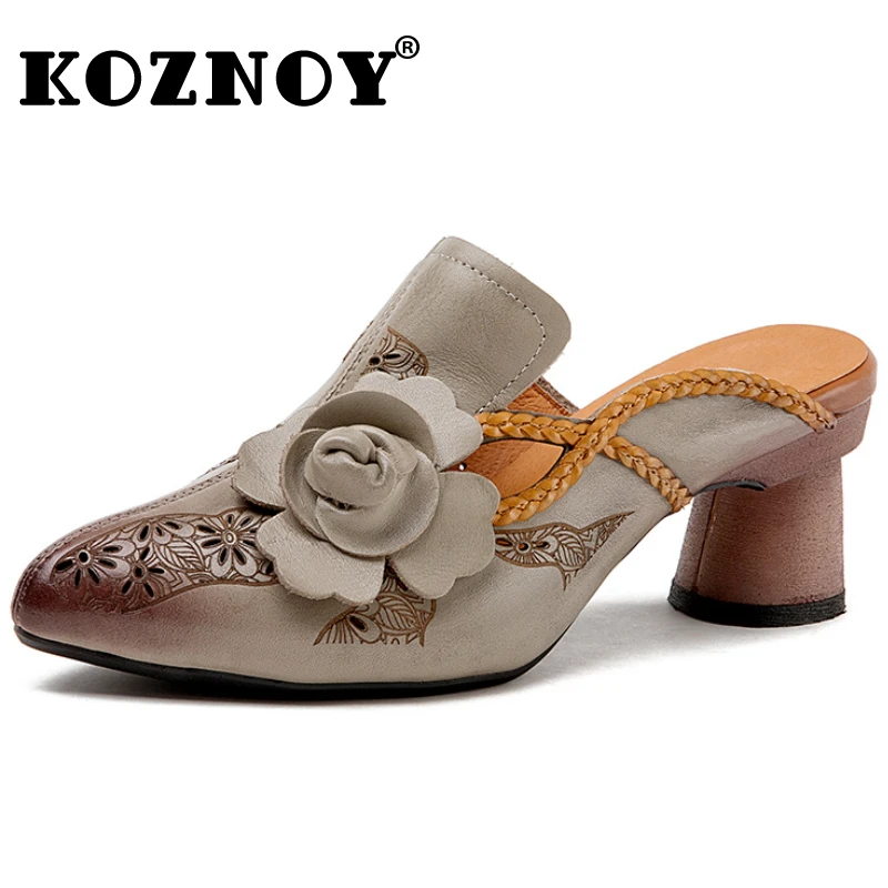 

Koznoy 5.5cm Genuine Leather Ethnic Summer Chunky Heels Fashion Ladies Sexy Office Lady Sandals Hook Women Hollow Luxury Shoes