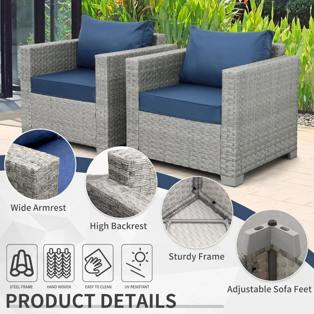 Outdoor Sofa Wicker Patio Chairs Set of 2, Porch Single Chair Rattan Deep Seating Armchair Balcony Furniture with Blue Cushion 6