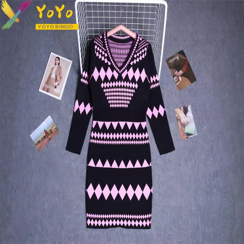 

Женское трикотажное платье-свитер, повседневное облегающее эластичное офисное платье-карандаш в полоску с V-образным вырезом и длинными рукавами, весна 2024