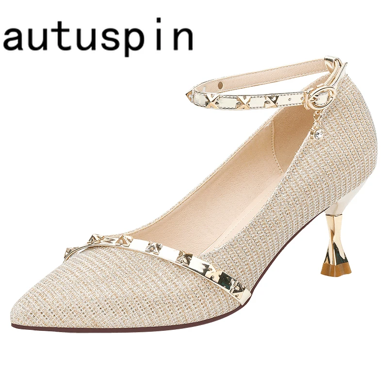 

AUTUSPIN 6.5cm Thin High Heels Pumps Women Fashion Metal Rivets Bordered Ankle Strap Shoes Female Pointed Toe Dress Banquet Shoe