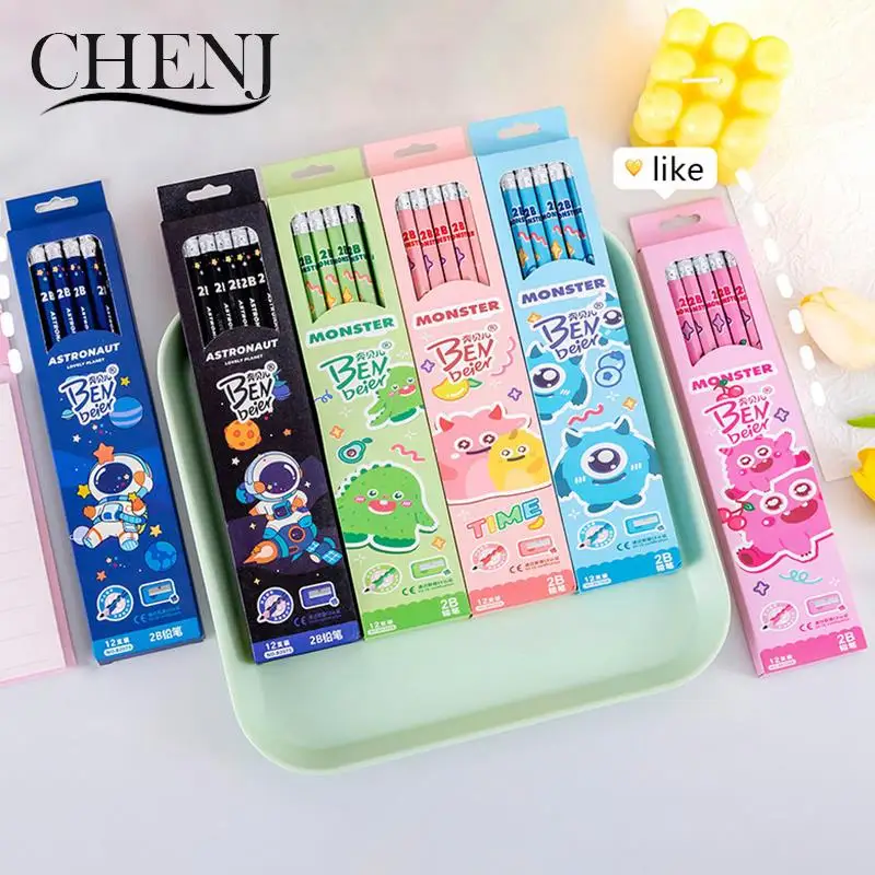 

12 pcs/set Kawaii Animals Cartoon 2B Standard Pencils with Eraser for School Cute Stationery Supplies Students Drawing Writing