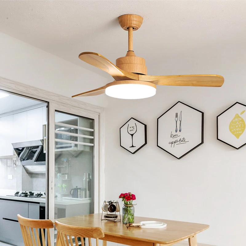 42 Inch Natural Wood Color Ceiling Fan Light 3 Abs Blade Pure Copper DC Motor Ceiling Fan Light Dining Room Bedroom, with