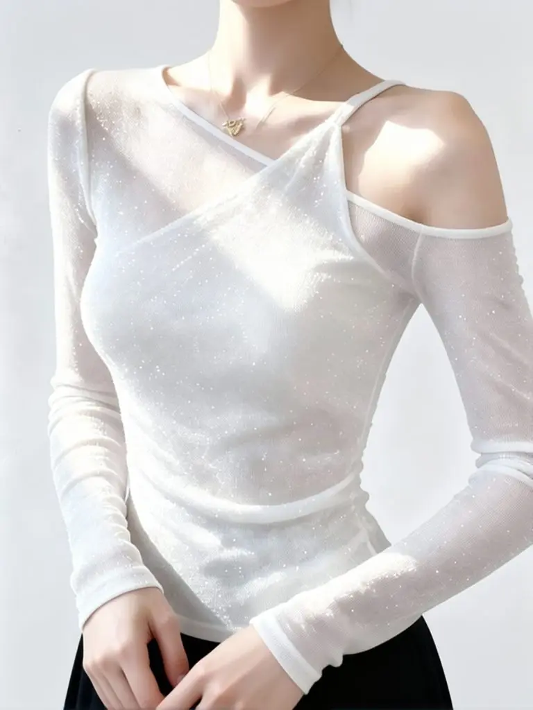 Pailletten-Oberteil im Zweiteiler-Look mit Schulterfreiem Design und Langen Ärmeln für Damen, Weißes Basic-Netzoberteil, Sexy Durchsichtige Kleidung