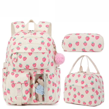 3pcs/set Corduroy School Backpack with Lunch Bag Pencil Case Cute Girl School Bag Strawberry Book bag Backpack for Teens Women 1