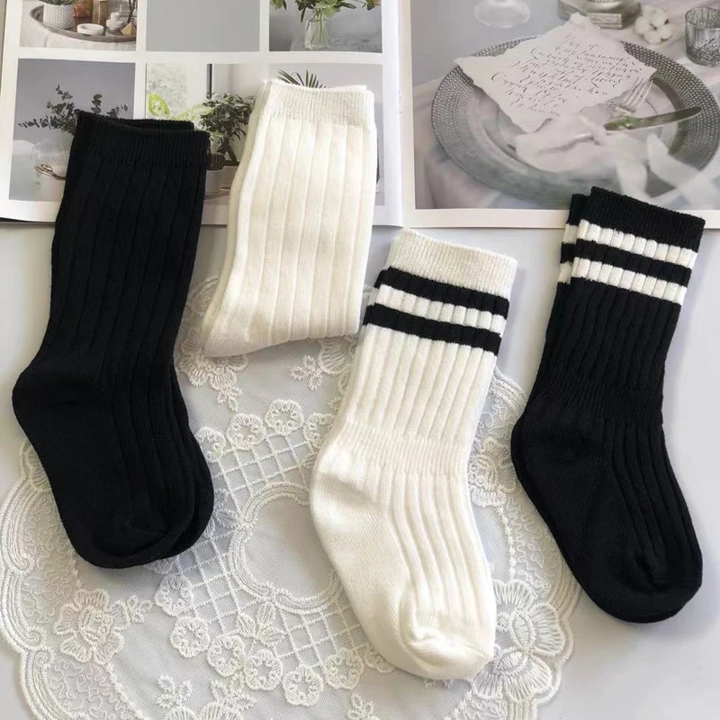 Chaussettes longues noires et blanches en coton pour enfants, lot de 3 paires, pour filles et garçons, collection printemps-automne