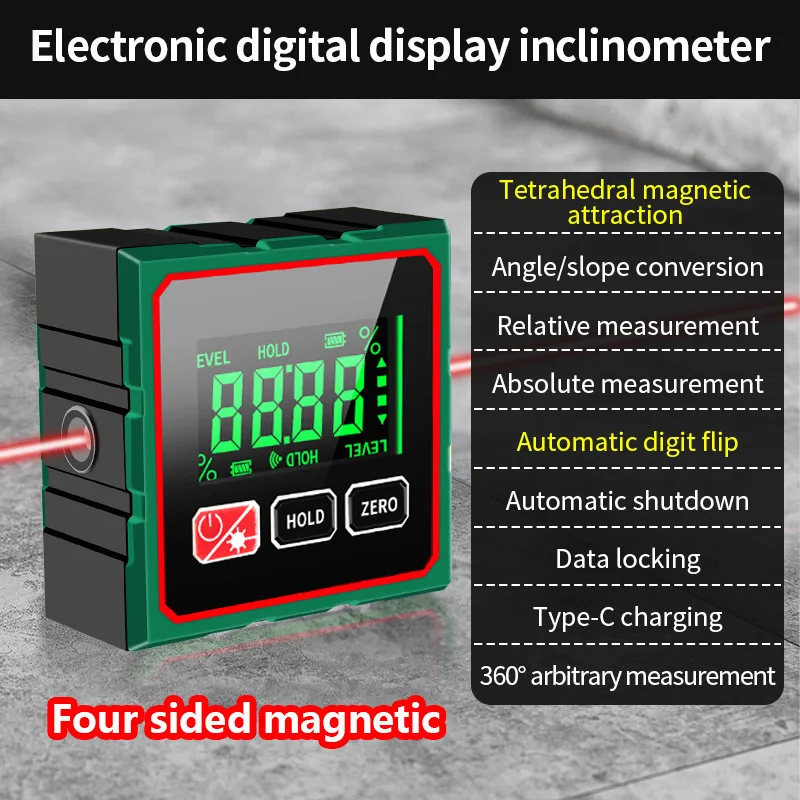 Magnetischer digitaler Winkelmesser mit elektronischem Lasermessgerät, Winkelmesser, Neigungsmesser, Wasserwaage, Magnete, Wasserwaage, Winkeleiste 0–90 °