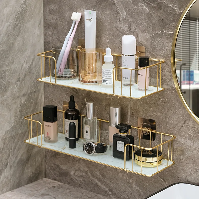 

Bathroom Makeup Storage Rack Shelf Drilling Iron Wall Shelf Marble Style Glass Plate Makeup Storage Shelves Bathroom Accessories