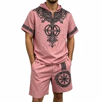Nouvel ensemble décontracté d'été pour homme en fibre de polyester respirante, 2 pièces, avec chemise à manches courtes à capuche imprimé Viking et short de plage. 3