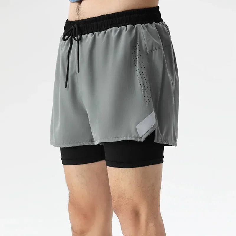2 in 1 Men's Double Short Pant Beach Sweat Shorts with Pocket Outdoor Go Hiking Sweatpants Marathon Athletics Trousers