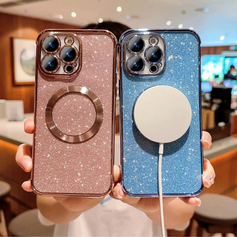 Bling Glitter Plating Magsafe Magnetische Hülle für iPhone 15 Pro Max 14 13 12 11 Drahtloses Laden Silikon Weich_voghion.com