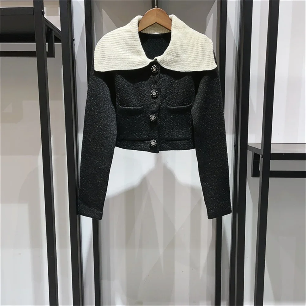 

Women Jackets Spliced Turn-Down Collar Diamond Buttons Casual 2023 Winter New Long Sleeve Knitted Short Coat