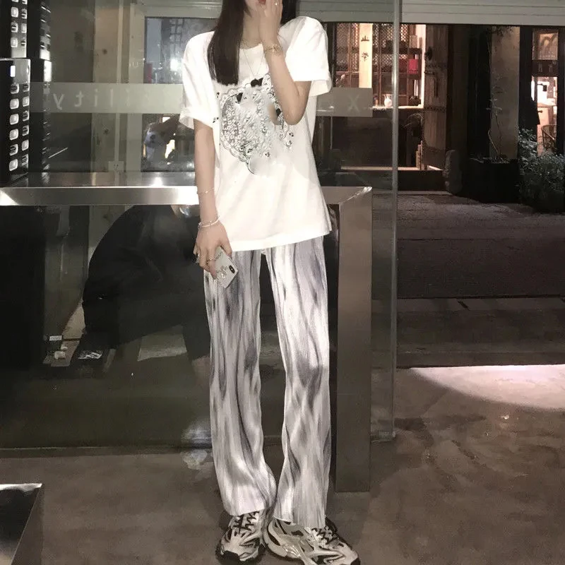 

Lucyever Harajuku Tie Dye Pleated Pants Women Casual Elastic Waist Wide Leg Pants Woman 2022 Summer Thin Cool Ice Silk Trousers
