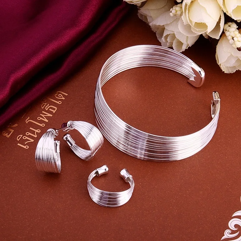 

925 silver color high-quality for women lady chain open cute bangle bracelet earrings ring fashion jewelry Sets