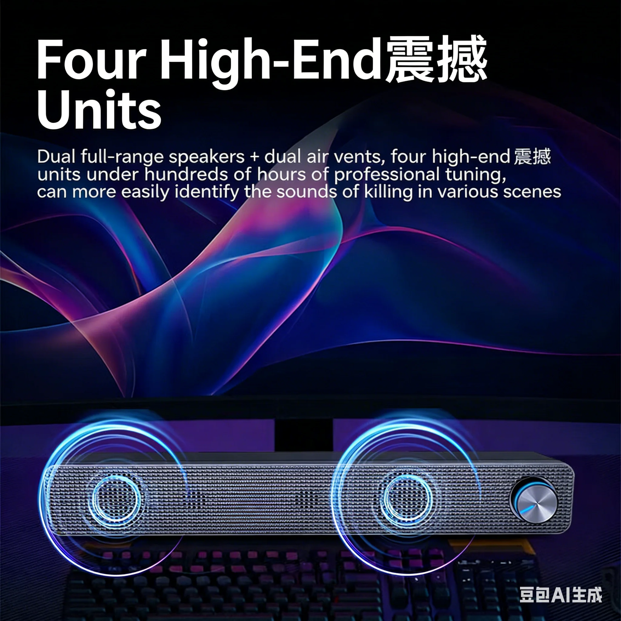 V-195 게이밍 사운드바, PC/PS5/Xbox용 유선&블루투스 스피커, RGB 라이트, 4유닛 스테레오 베이스, 3.5mm/USB, 음악/영화/게임 모드