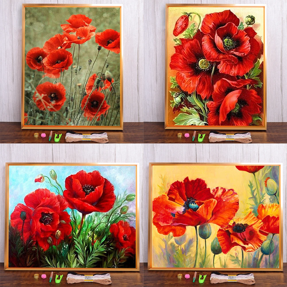 Flower Poppy Pre-Printed 11CT Cross Stitch Embroidery Patterns DMC Threads Needlework Handicraft Sewing Hobby Home Needle cross stitch kit cross stitch tools cross stitch files