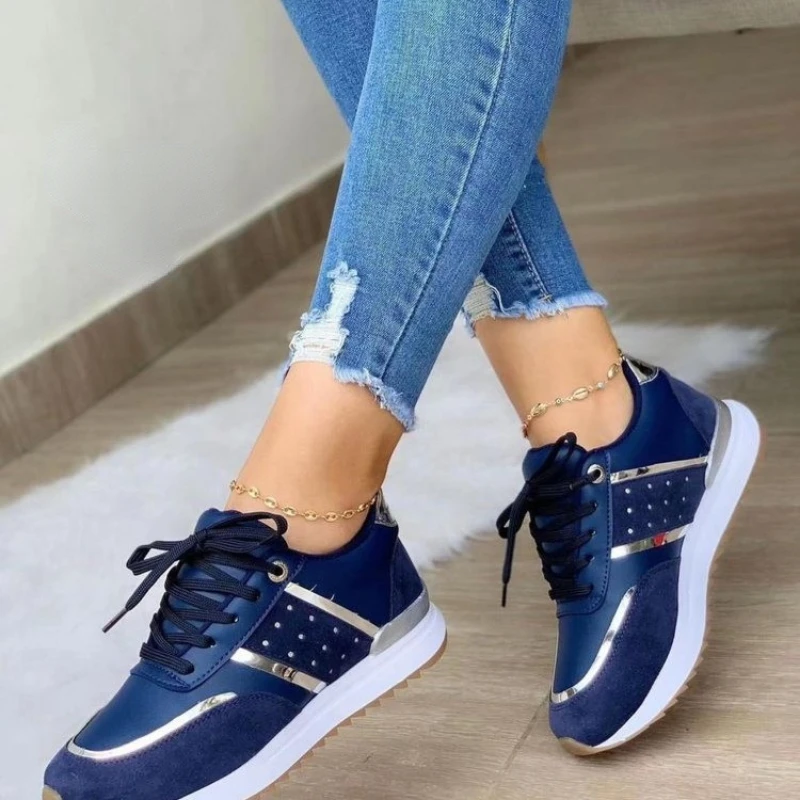 2023 Women Platform Shoes Leather Patchwork Casual Sport Shoes Ladies Outdoor Running Vulcanized Shoes Zapatillas Mujer