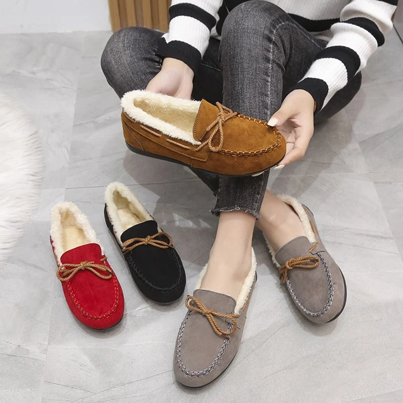 Winter Shoes Women Casual Flat Shoes Women's Moccasins Soft Loafers Fashion Comfort Warm Plush Bow Slip on Female Cotton