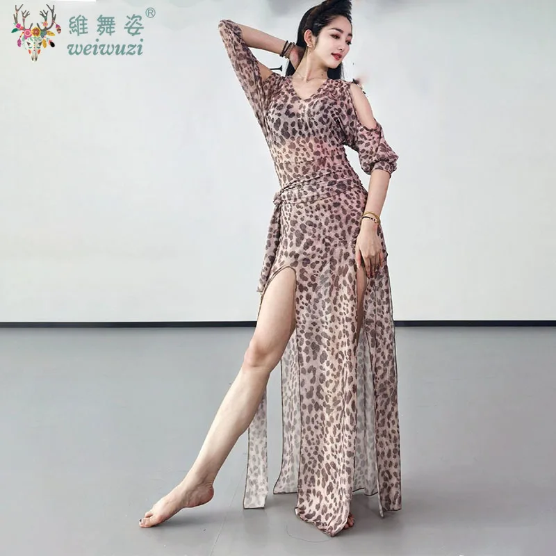 Belly Dance Practice Costume Leopard print mesh Dress Baladi Robe Shaabi Robe Clothes Folk Dress Oriental Performances Clothing