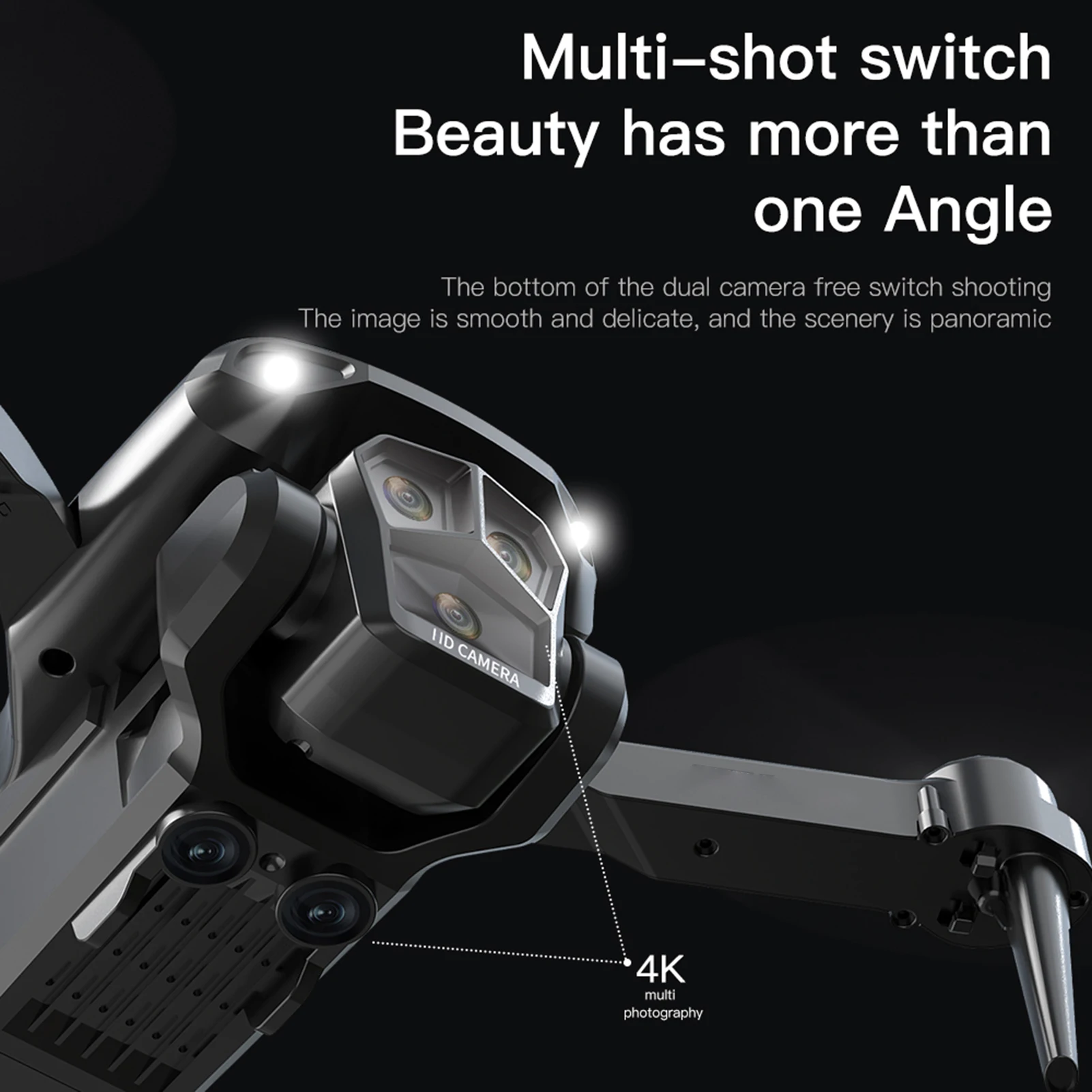Drone 4K 5 Caméras 360° Pliable WiFi 5G en vol au-dessus d’un paysage, capturant une vue aérienne avec ses multiples objectifs.