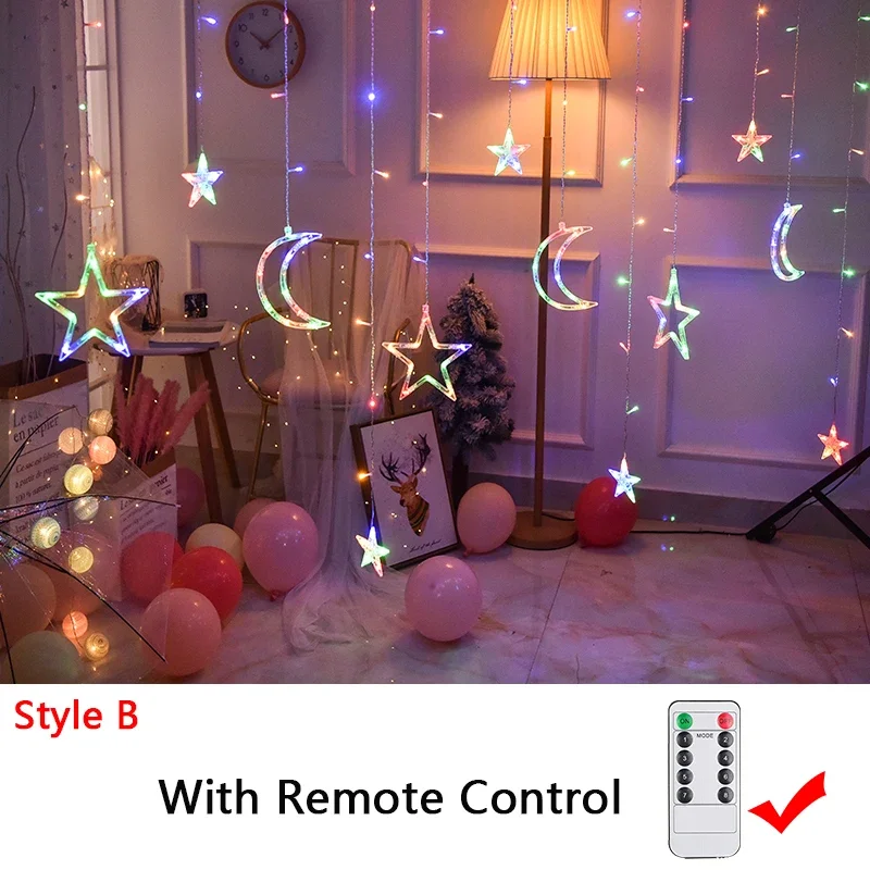 thumbnail image 1 of Guirnalda de luces LED navideñas con forma de estrella y luna, cortina de hadas para exteriores, para árbol, fiesta, decoración de Navidad y Año Nuevo, 1 of 5