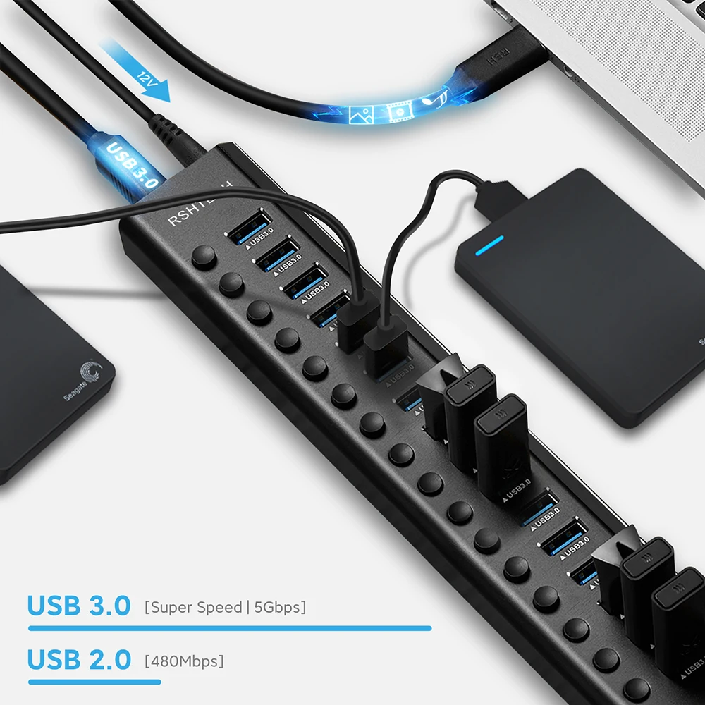 Rshttech-アルミニウムUSBハブ,16ポート,100w, usb 3.0, 5gbps
