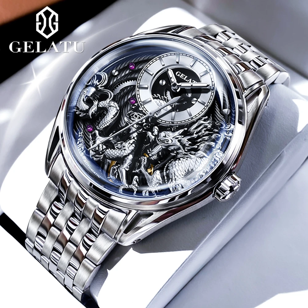 

Dragon Watch GELATU Mechanical Men's Watches Waterproof Stainless steel Skeleton 44mm Big Dial Original Automatic Wristwatch NEW