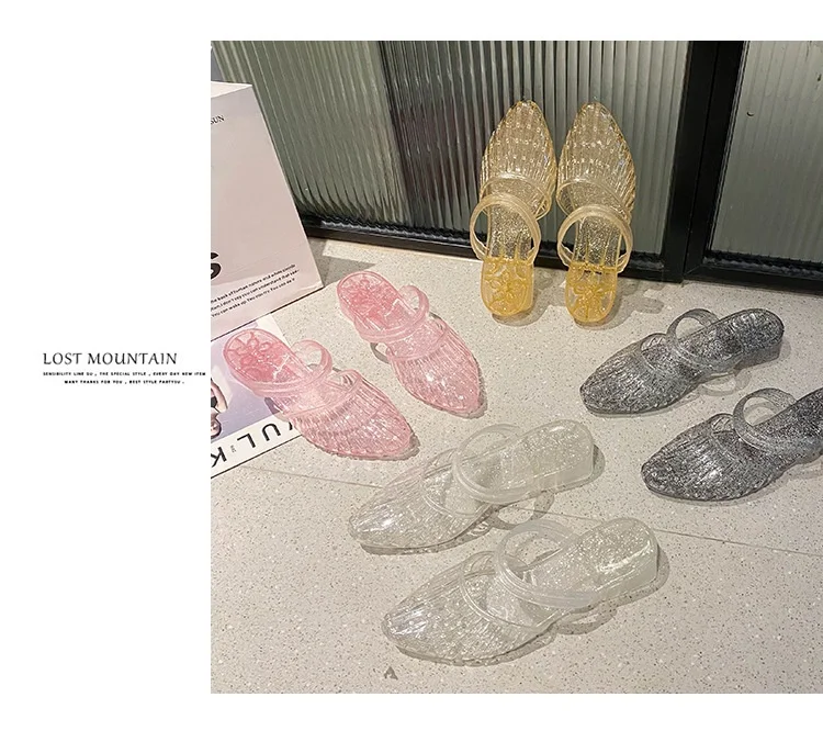Women'S 2 In 1 Transparent Crystal Plastic Jelly Sandals Non Slip Glitter Pointed Toe Summer Casual Outdoor Beach Flat Slippers