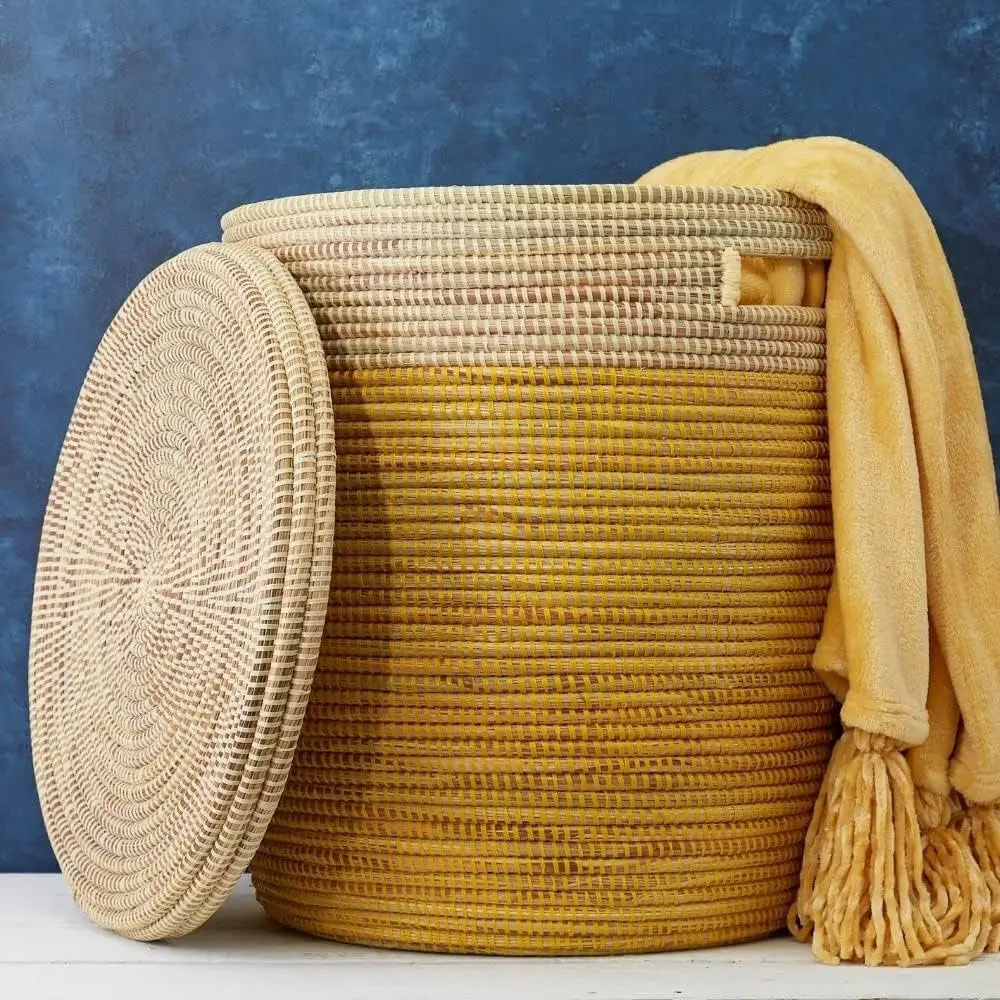 

17" Small Woven Storage Basket (Yellow Beige Flat Lid)
