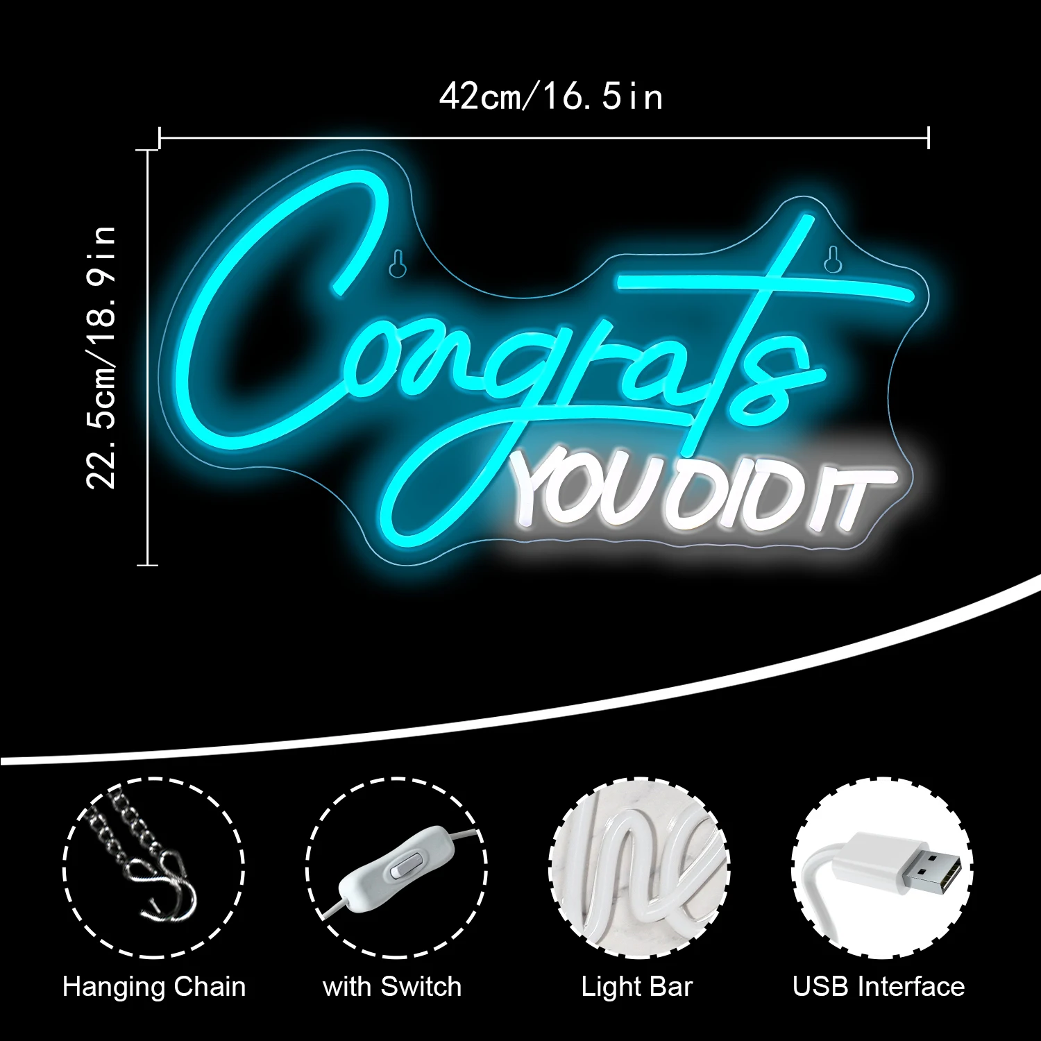 Congrate You Did It Neon LED Sigh Light Hanging Wall Letters Blue Party Decorations Handmade Dimmable Panel Lights USB Powered