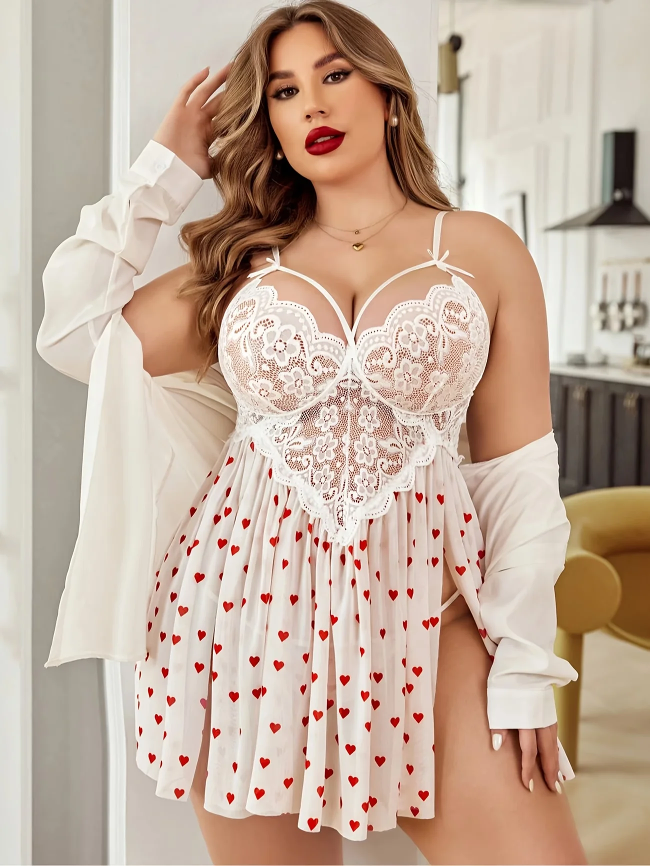 Close-up of lace cup detail with floral texture, V-neckline, and soft trim