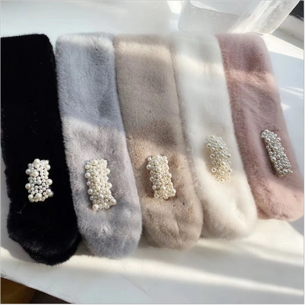 Pearl scarf winter thickened Korean cross-warming wool rabbit-like neck collar