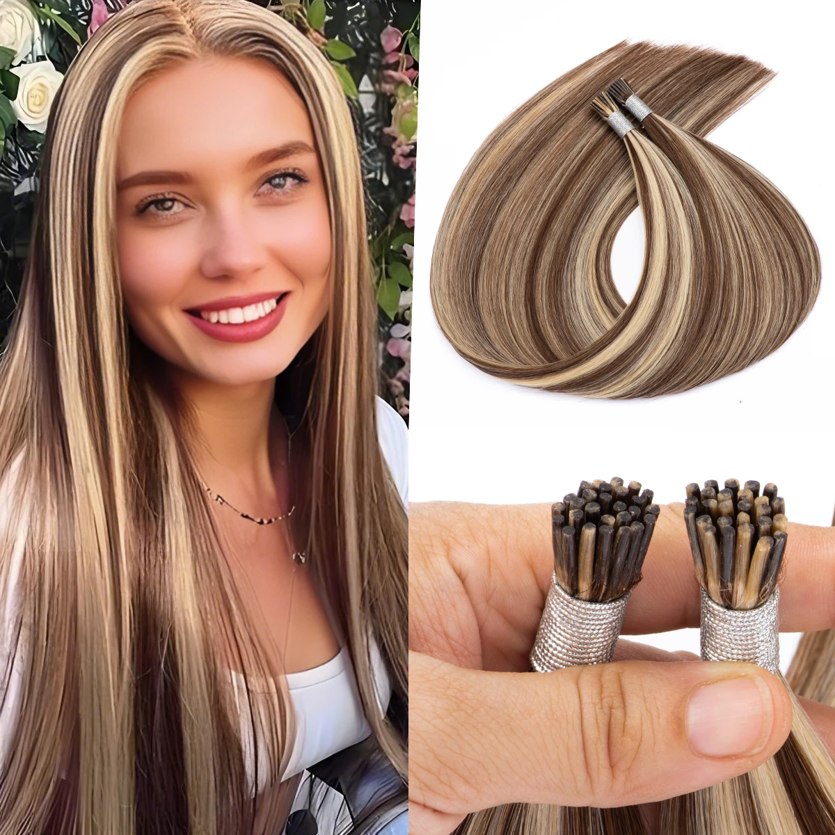I Tip Hair Extension Straight Brown with Blonde Itips Microlink Human Hair #4/613 Ombre Highlights I Tip Real Human