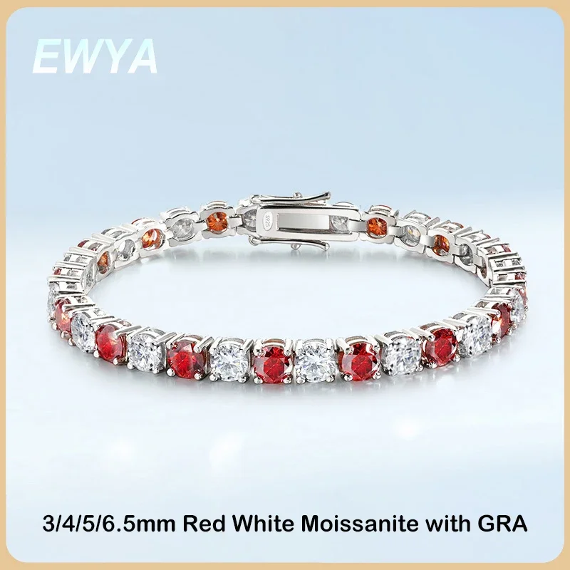 

EWYA GRA Certified 3/4/5/6.5MM Full Red Blue Green White Moissanite Tennis Bracelet for Men Women S925 All Diamond Bracelets