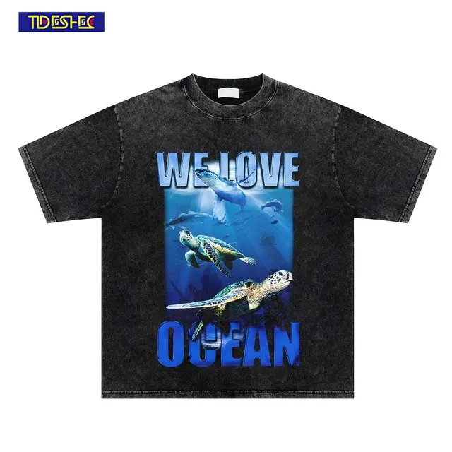 Summer T-Shirt Hip Hop Streetwear Marine Animal Graphic Washed T Shirt Fashion 2023 Tshirt Men Vintage Harajuku Cotton Tops Tees