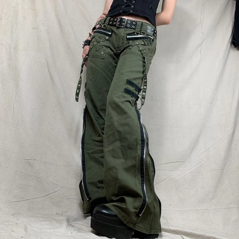 Bandage Low Waist Cargo Pants Gothic Punk Baggy Retro Kawaii Trousers Grunge Green Zipper Jeans Women Korean Sweatpants retro streetwearflame print jeans 2023 y2k blue fashion ripped wide leg pants hip hop gothic harajuku high waist women trousers