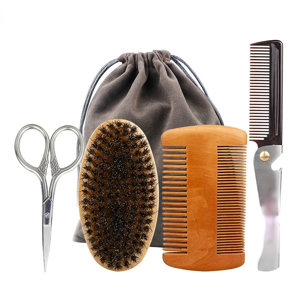 

2/3/4Pcs Beard Set Mustache Grooming Scissors Care Massage Brush Comb Wood Kit For Men