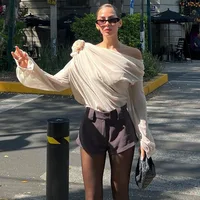 Chemisier en mousseline de soie pour femmes, épaules dénudées, Sexy, élégant, col Oblique irrégulier, chemises à fleurs 3D, mode féminine, Streetwear, hauts de fête en maille 2