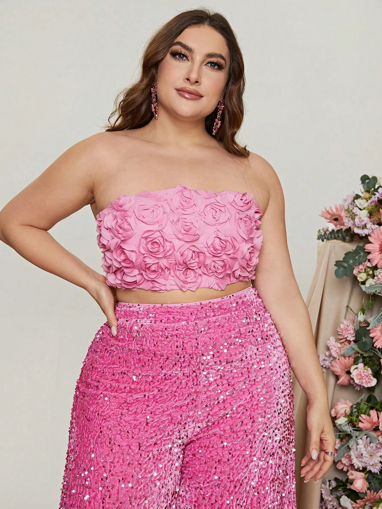 Image of Plus Size Tube Top 3D Flower and Sequin Suit