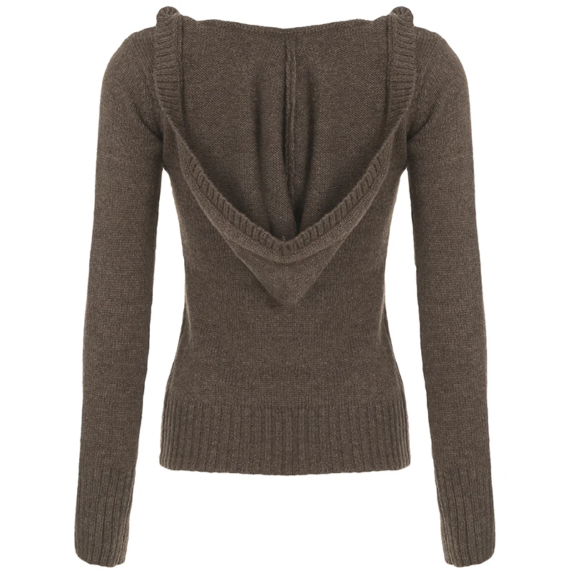 Y2K Brown V-neck Hooded Sweater Vintage Basic Slim Button Up Knitted Pullovers Autumn Casual Streetwear Outfits Lady