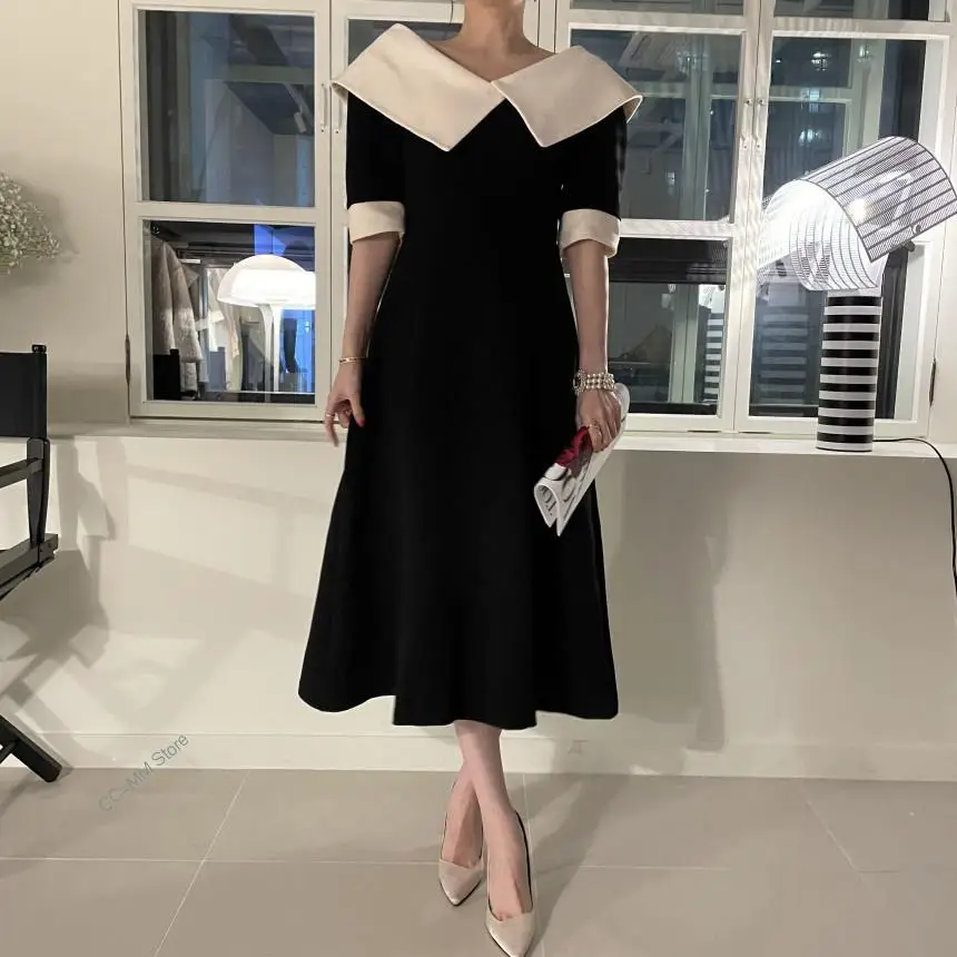 

CCMM Temperament Spring 2022 Contrast Big Lapel Spliced Dress Women New Half Sleeve Waist Closing Fold Mid-calf Dress