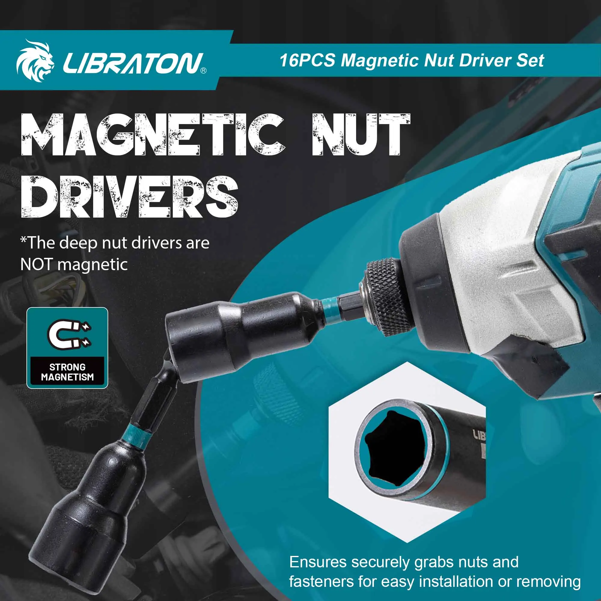 LIBRATON 16x Magnetic Nut Driver Set, SAE Nut Driver for Impact Drill, Deep Nut Driver Set, Impact Driver Bit Set for Car Repair 5