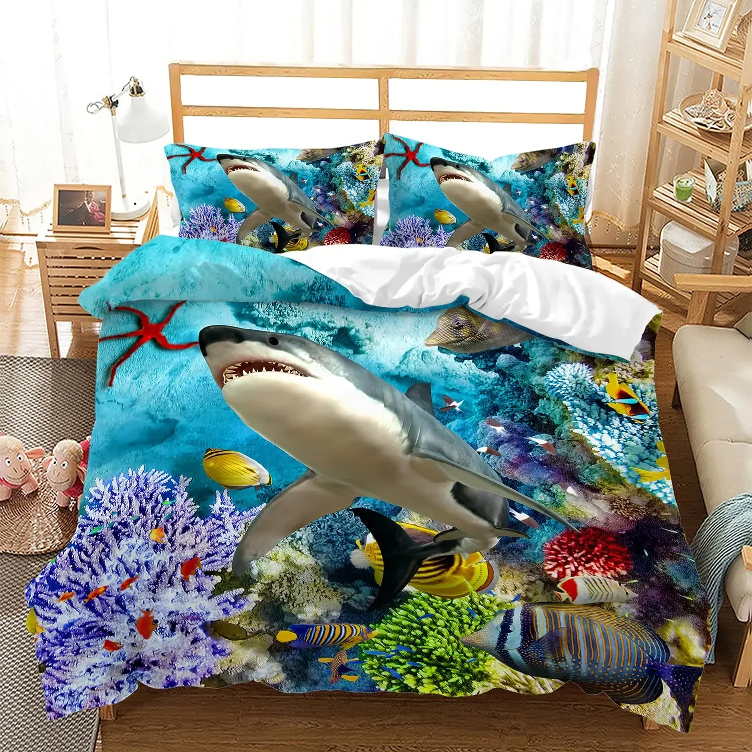 Shark Fish Print Duvet Cover Set Cute Underwater Animals Luxury Soft Bedding Set Children Teens Adults Blue Comforter Cover Sets